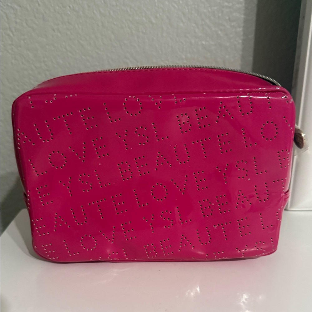 Yves Saint Laurent Glossy Hot Pink Perforated Logo Cosmetic Pouch